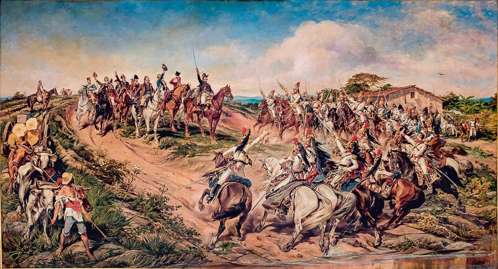Pintura histórica de soldados a cavalo em um campo, cena da Independência do Brasil