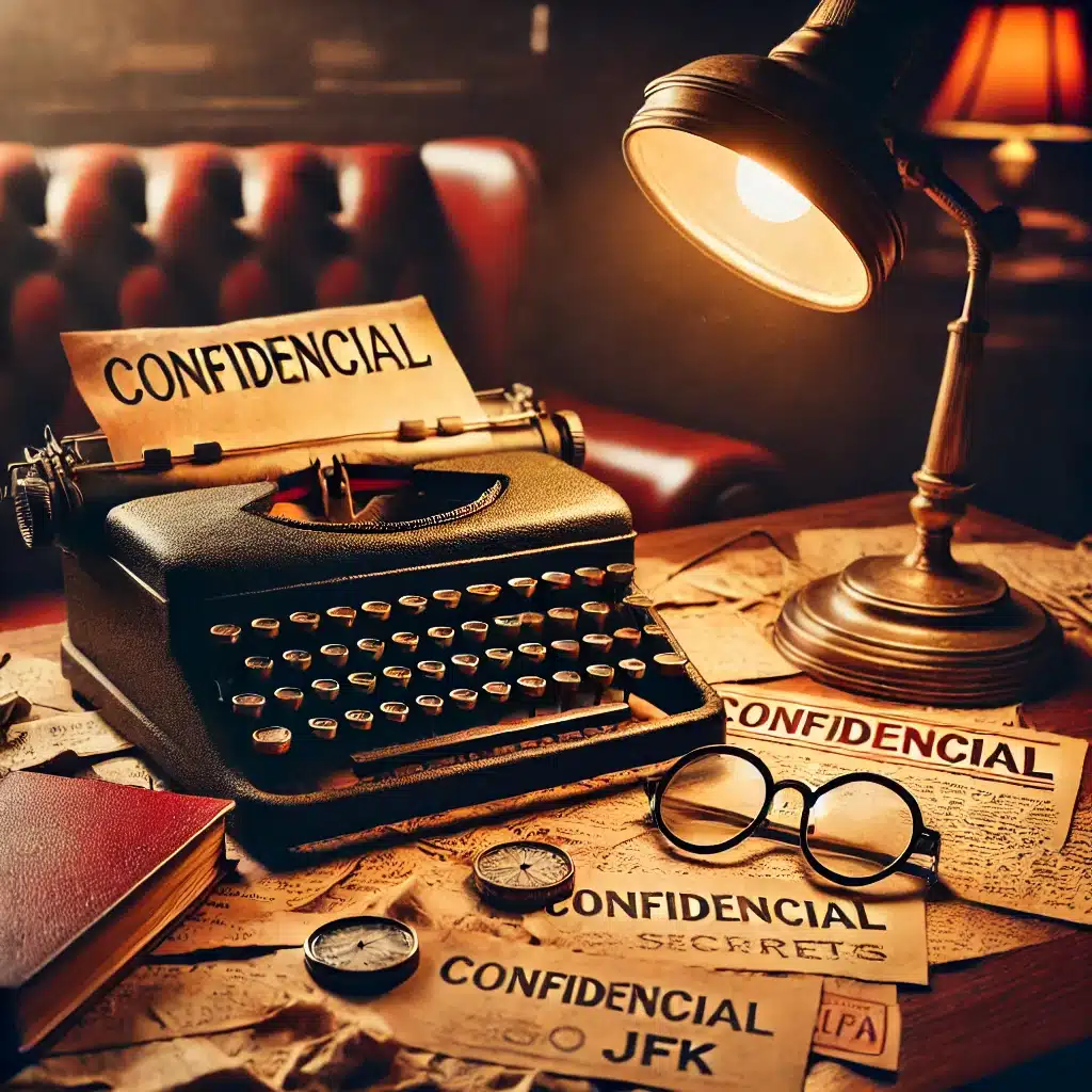Máquina de escrever antiga e documentos com o carimbo Confidencial sobre uma mesa
