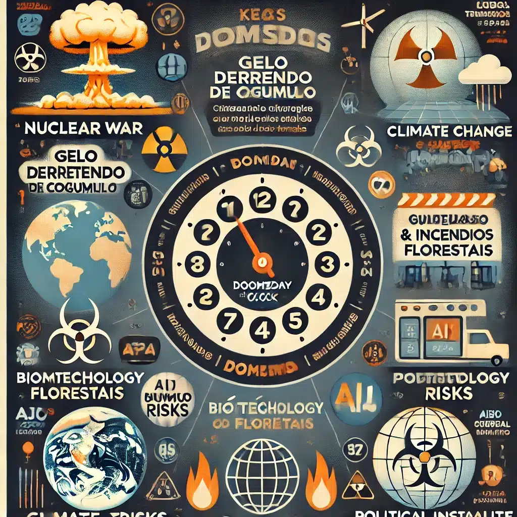 Infográfico com um relógio no centro e ícones de riscos globais