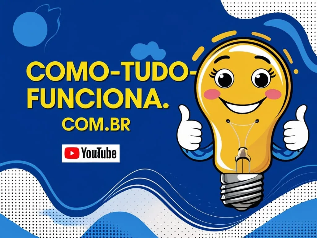 Mascote lâmpada fazendo sinal de positivo ao lado do logotipo do YouTube e do nome Como Tudo Funciona