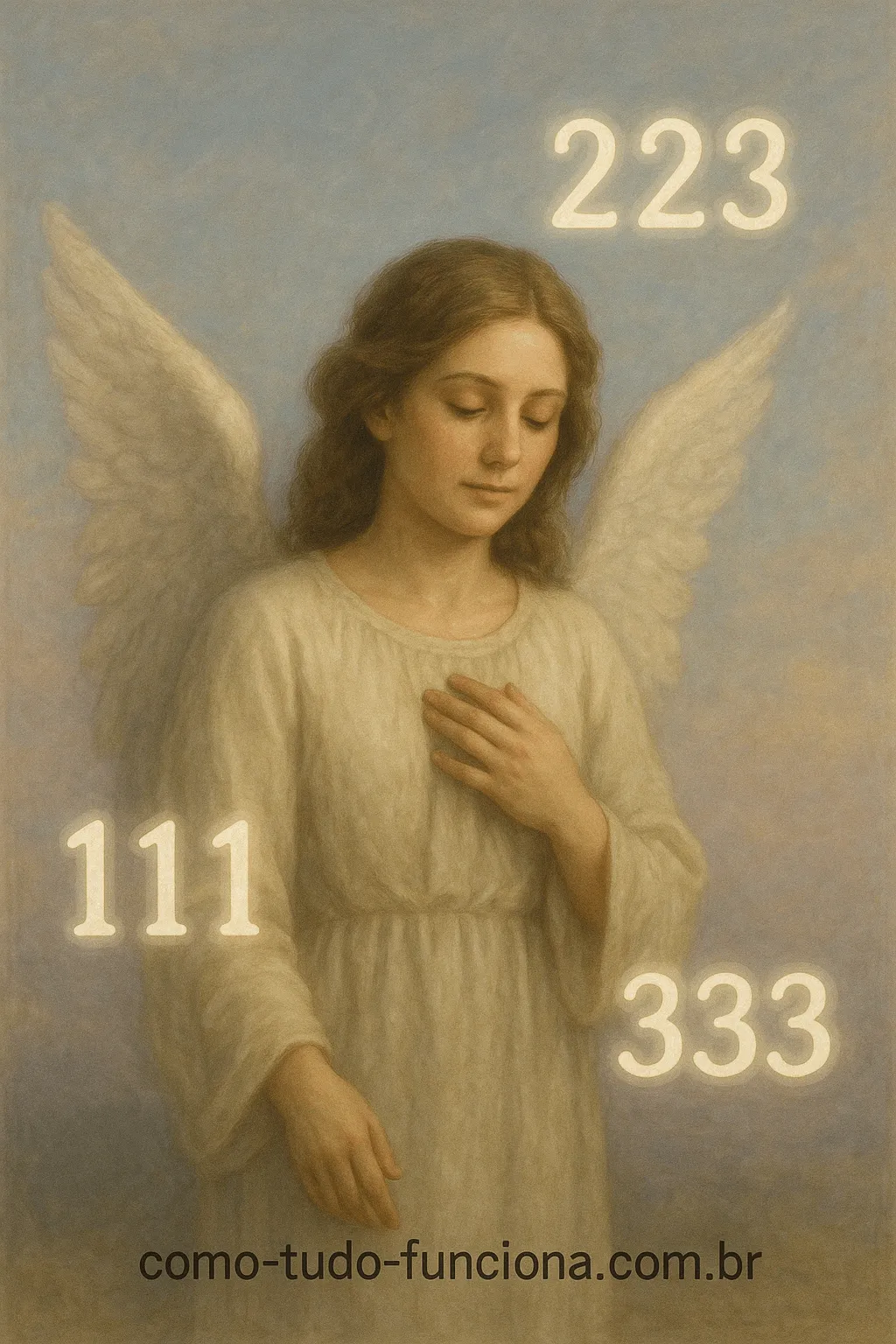 Figura de um anjo com as mãos no peito e os números 111, 223 e 333