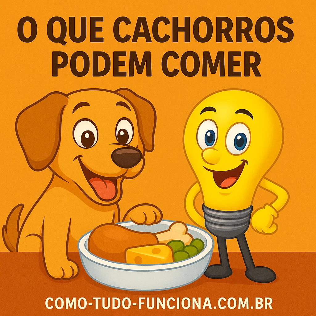 Cachorro e mascote lâmpada diante de uma tigela de comida, com o título O que cachorros podem comer