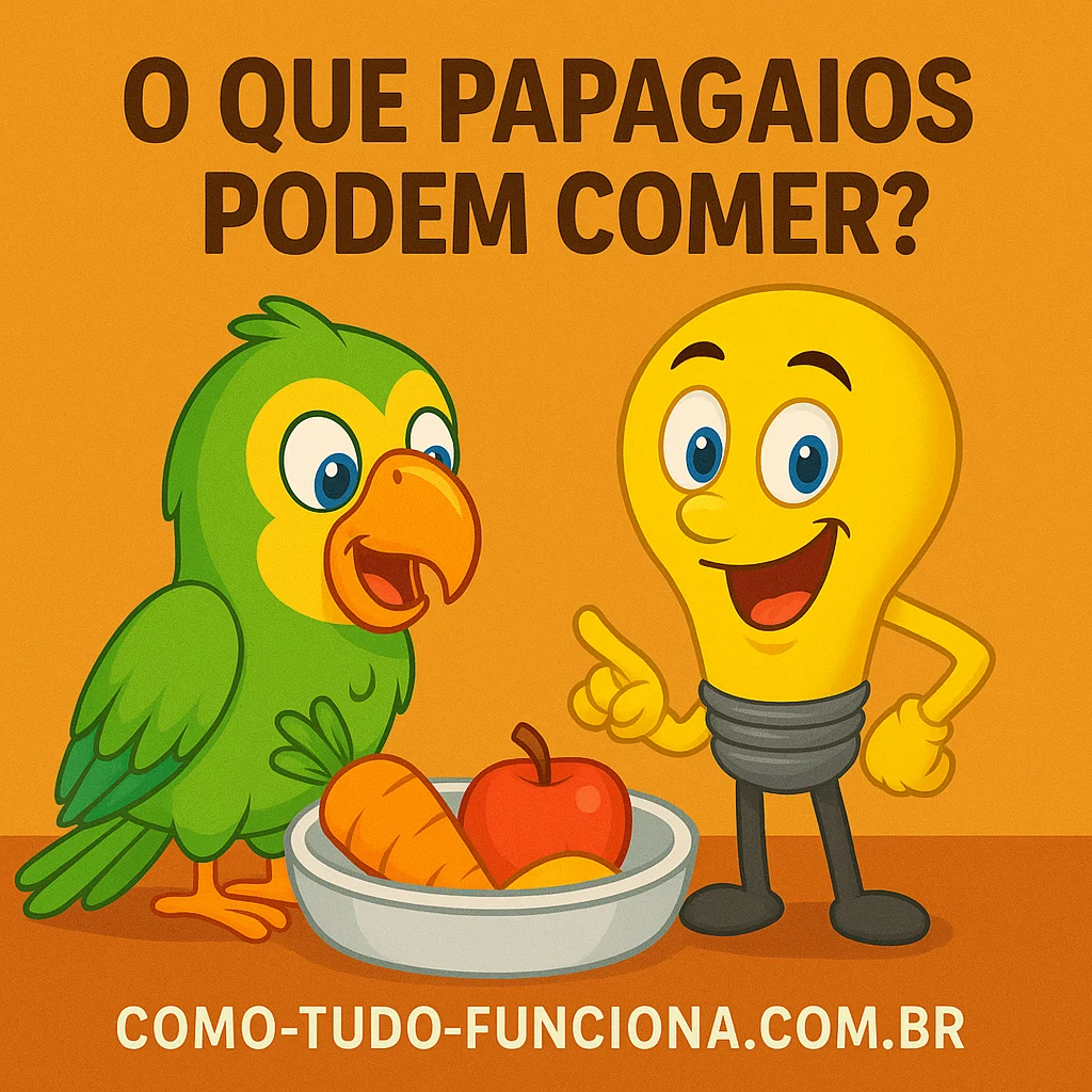 Papagaio e mascote lâmpada diante de uma tigela de frutas, com o título O que papagaios podem comer?