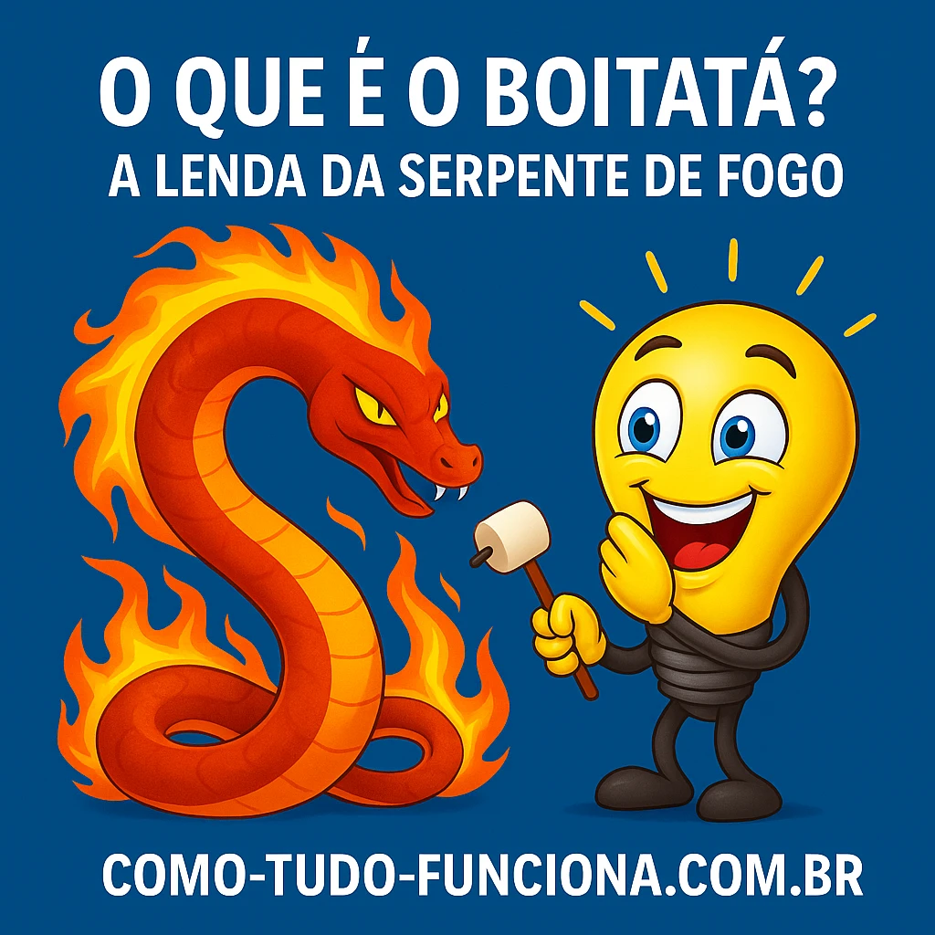 Mascote lâmpada ao lado de uma serpente de fogo, com o título O que é o Boitatá?