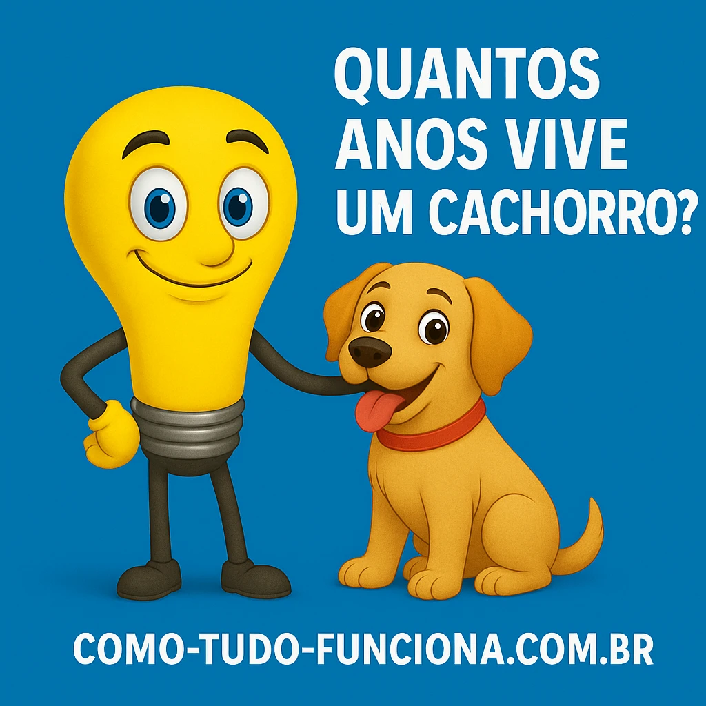 Mascote lâmpada ao lado de um cachorro, com o título Quantos anos vive um cachorro?