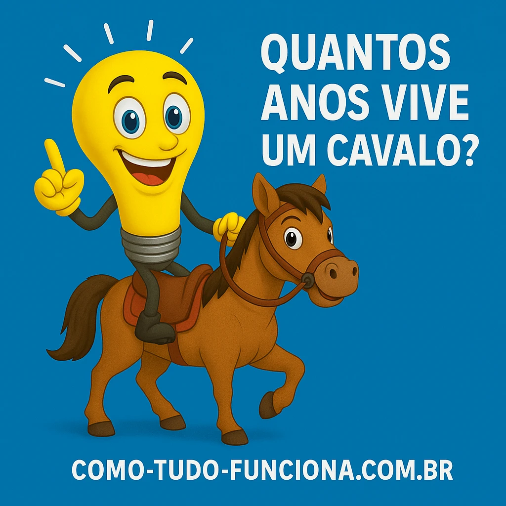Mascote lâmpada montado em um cavalo, com o título Quantos anos vive um cavalo?