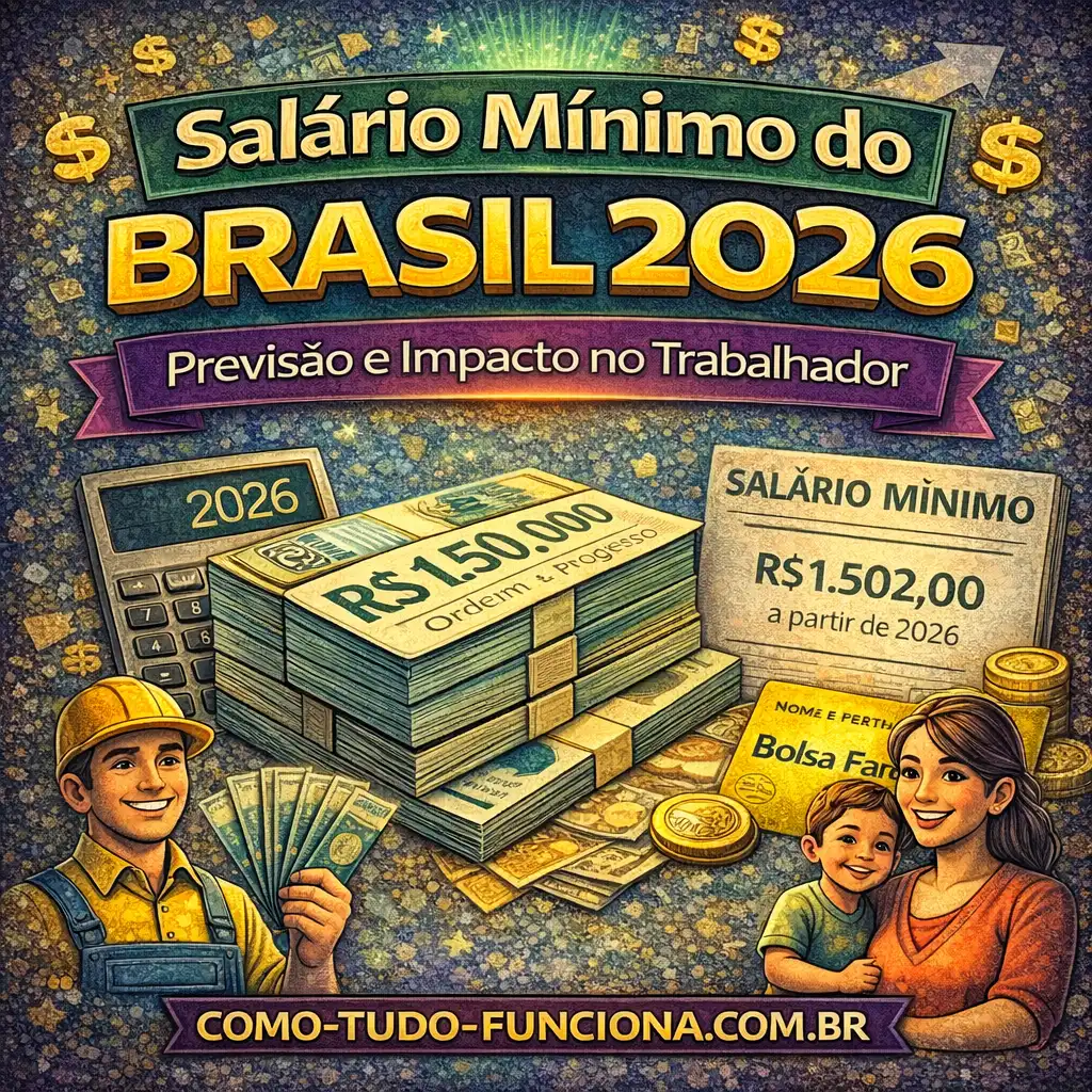 Ilustração com notas de dinheiro e trabalhadores, com o título Salário mínimo do Brasil 2026