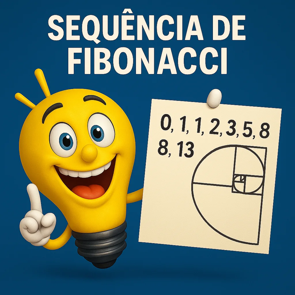 Mascote lâmpada com um quadro da sequência 0, 1, 1, 2, 3, 5, 8, 13 e a espiral, com o título Sequência de Fibonacci