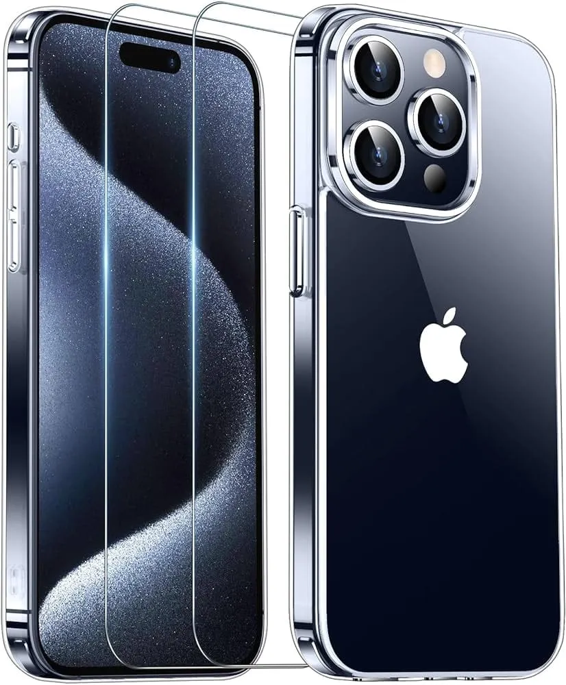 iPhone 15 Pro com capa transparente e película de vidro