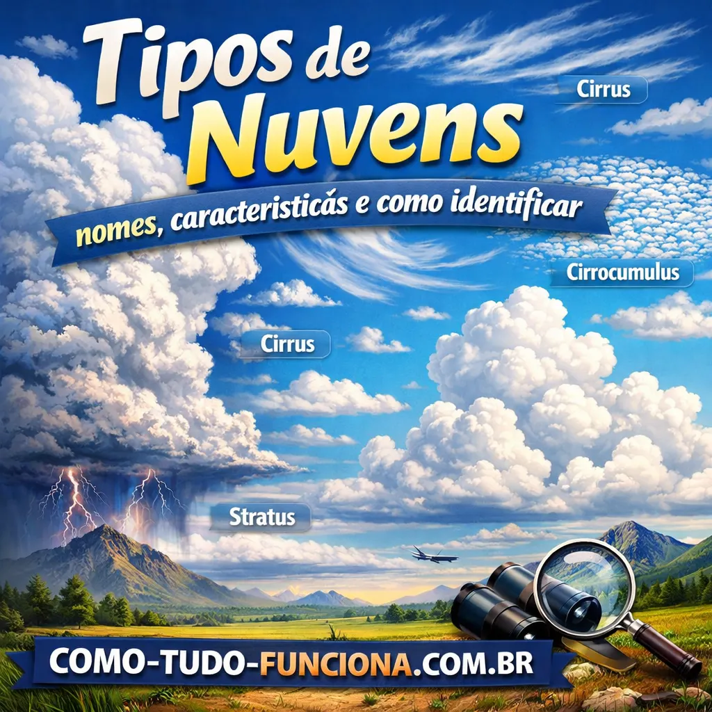 Céu com vários tipos de nuvens identificados e uma lupa, com o título Tipos de nuvens