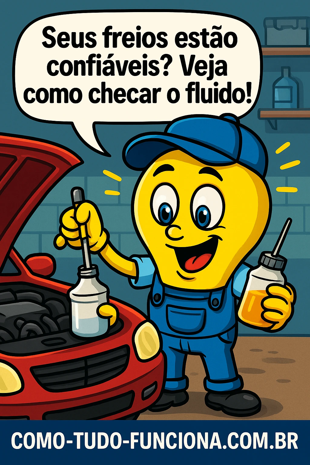 Mascote lâmpada de mecânico verificando o fluido de freio de um carro vermelho