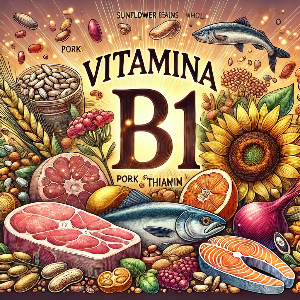 Carne de porco, peixe, sementes e girassóis com o título Vitamina B1
