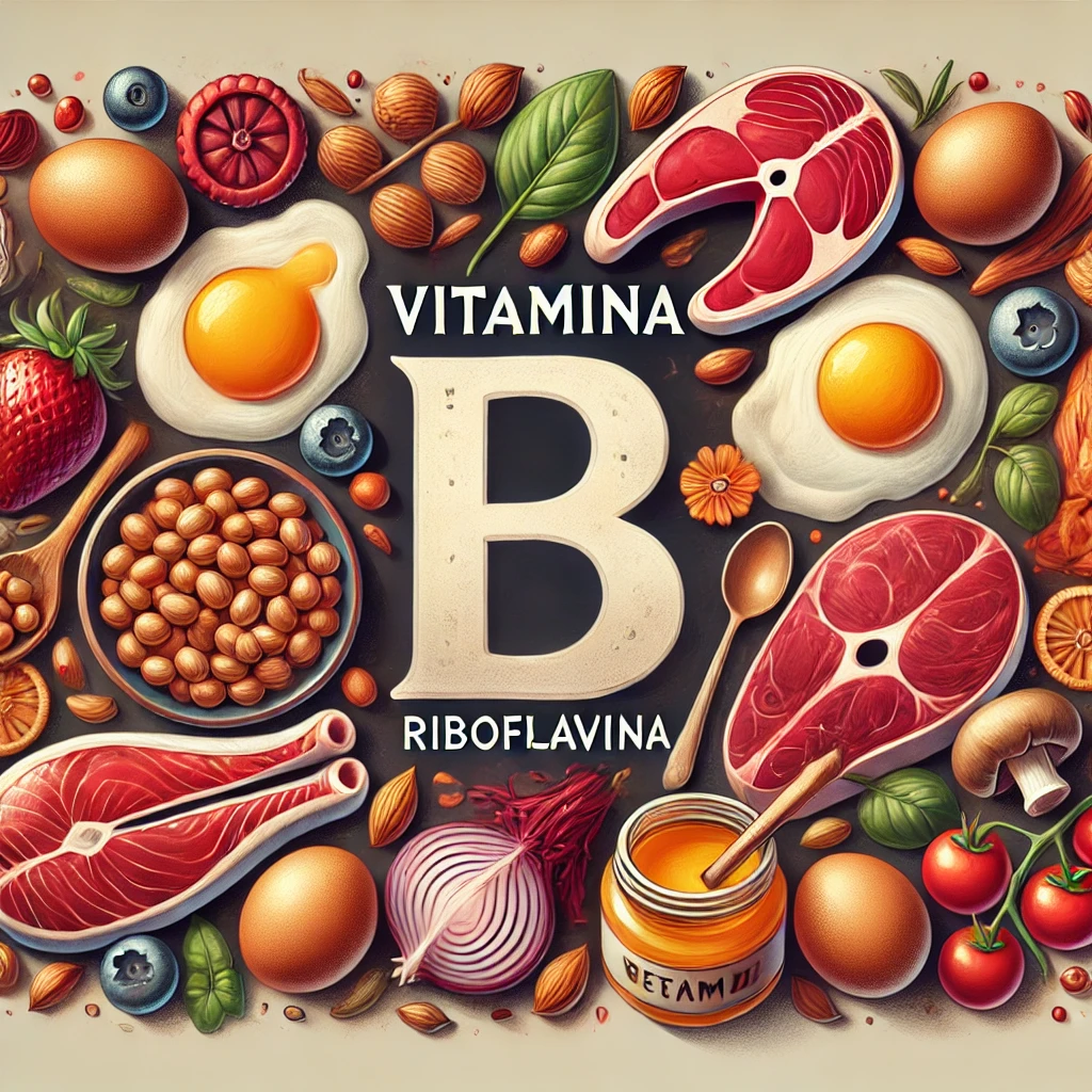 Ovos, carnes, feijões e cogumelos ao redor da letra B, com a palavra riboflavina
