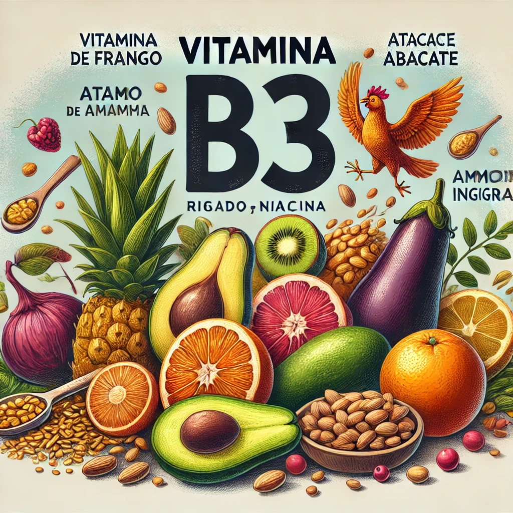 Abacate, frango, frutas e grãos com o título Vitamina B3