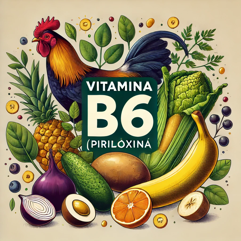 Galo, bananas, batatas e verduras com o título Vitamina B6 (piridoxina)