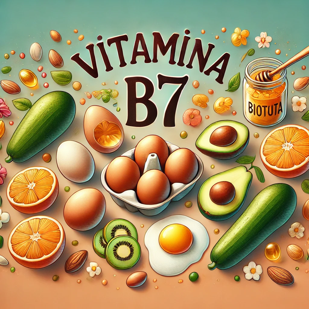 Ovos, abacates e laranjas com o título Vitamina B7