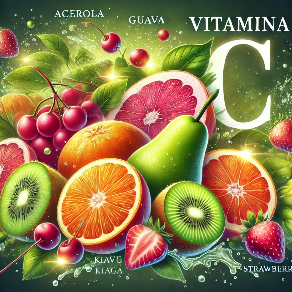 Laranjas, kiwis, goiabas e morangos com a letra C de vitamina C