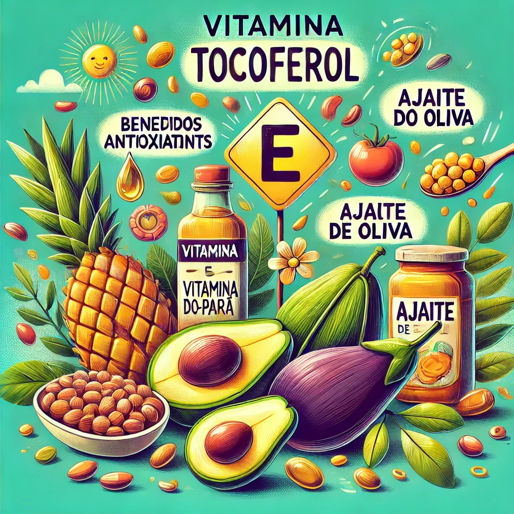 Abacate, azeite, castanhas e outros alimentos com a letra E de vitamina E (tocoferol)