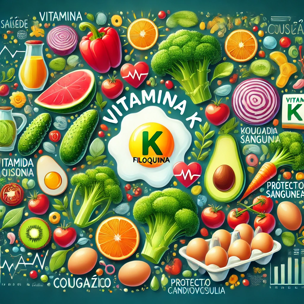 Brócolis, frutas e legumes verdes ao redor do símbolo K de vitamina K