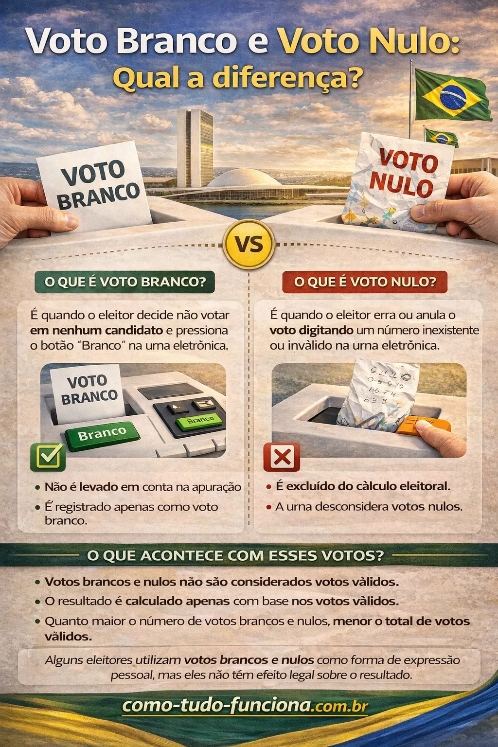 Infográfico explicando visualmente a diferença entre voto válido e voto inválido.