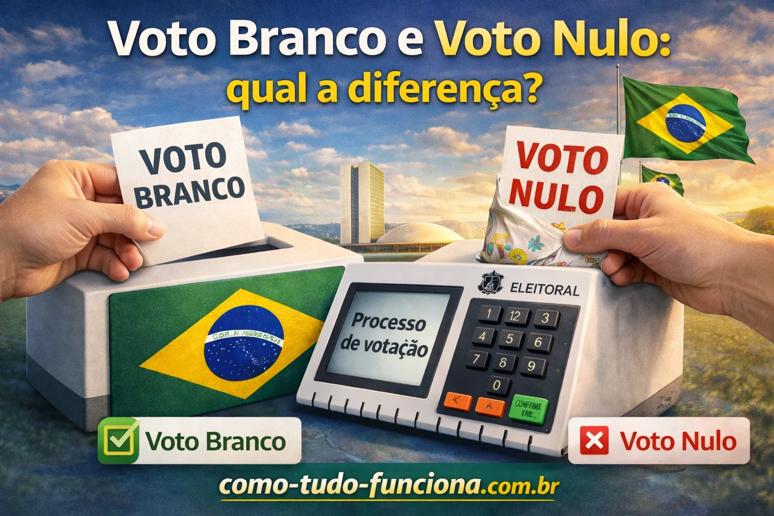 Mãos colocando votos em uma urna eletrônica, com o título Voto branco e voto nulo: qual a diferença?
