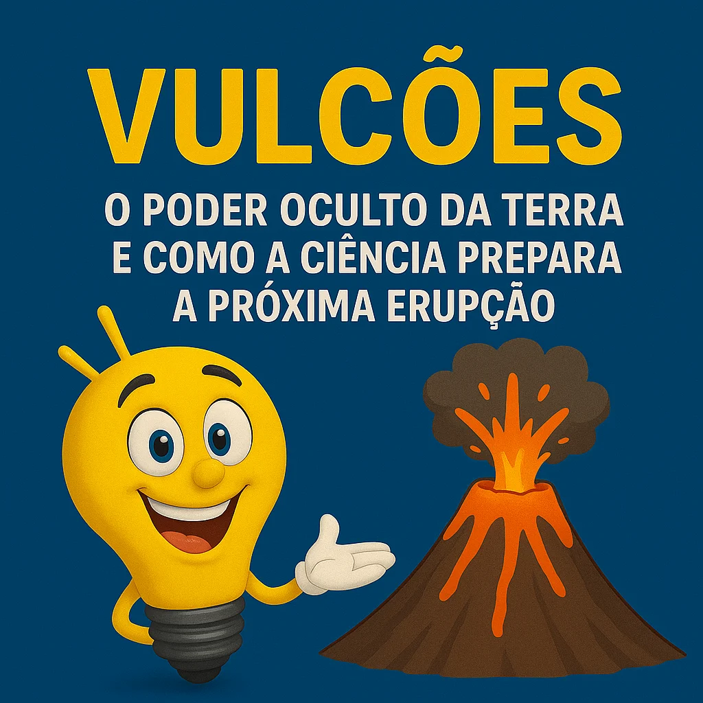 Mascote lâmpada apontando para um vulcão em erupção, com o título Vulcões