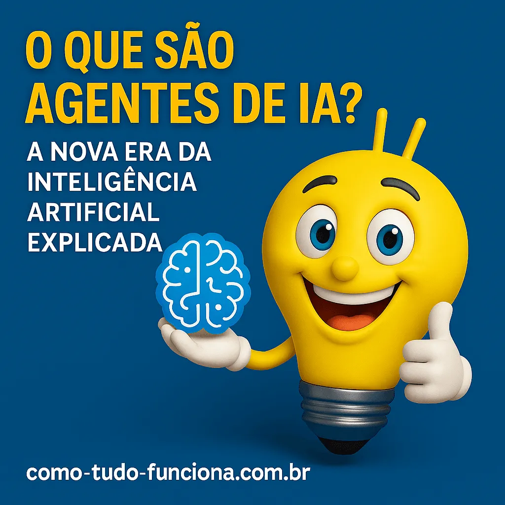 Mascote lâmpada segurando um cérebro azul, com o título O que são agentes de IA?