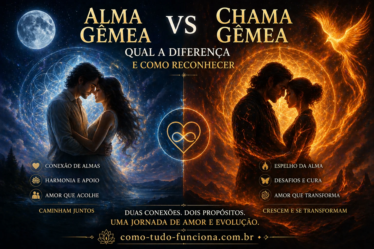 Dois casais, um em tons azuis e outro em tons de fogo, com o título Alma gêmea vs chama gêmea