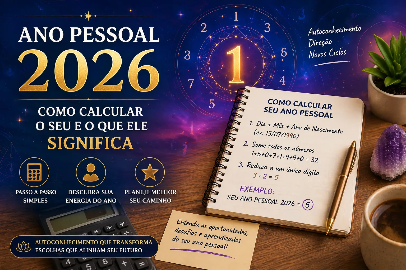 Caderno com cálculos e o número 1, com o título Ano pessoal 2026: como calcular o seu