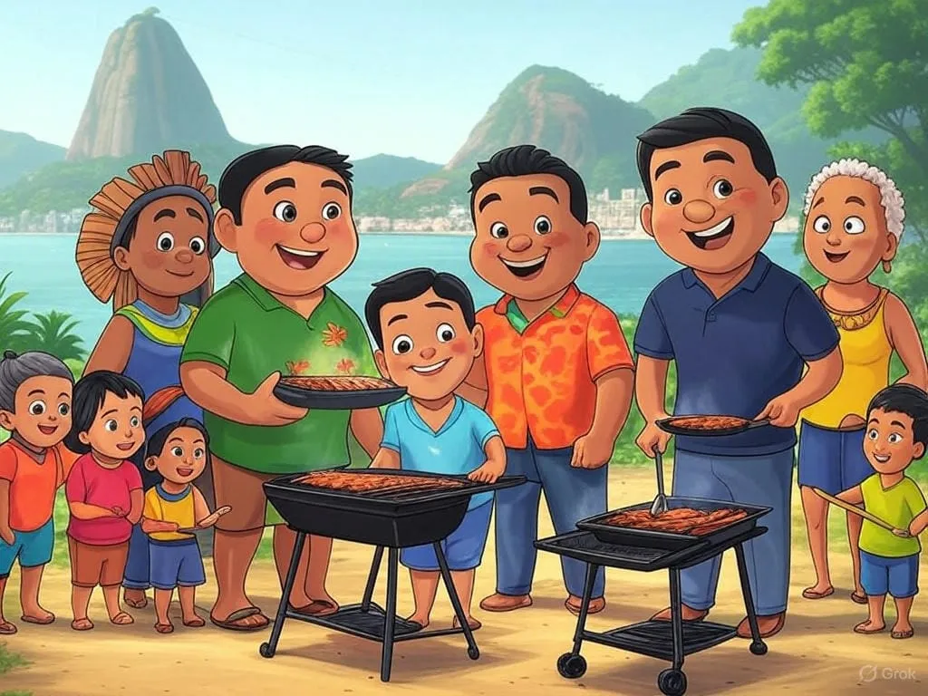 Ilustração de uma família fazendo churrasco com o Pão de Açúcar ao fundo