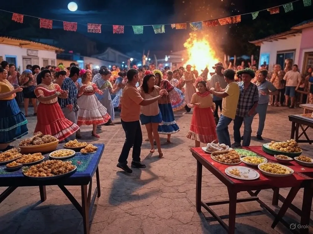 Festa junina à noite com fogueira, bandeirinhas e pessoas dançando