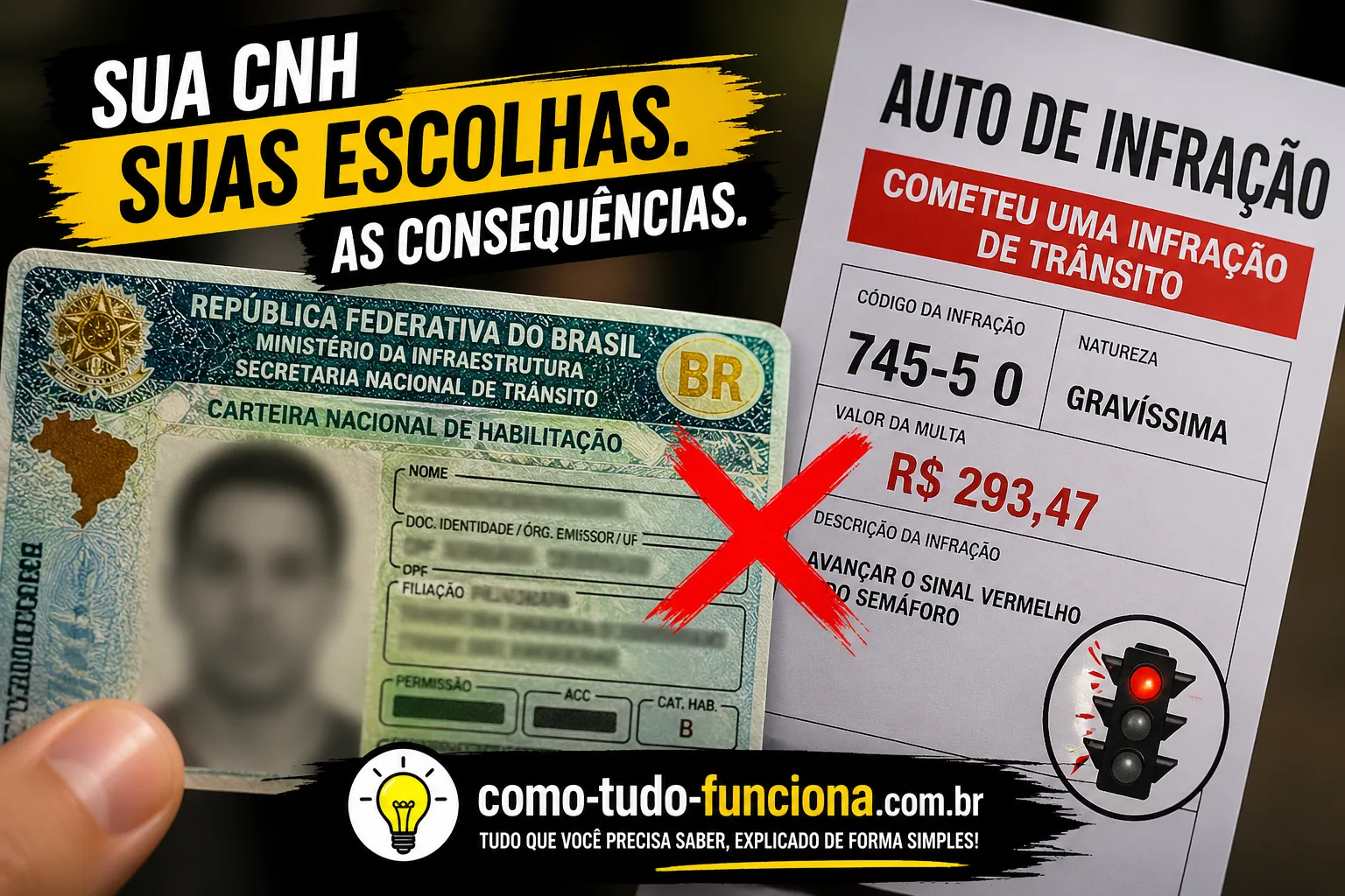 Carteira de motorista brasileira ao lado de um auto de infração de trânsito, com o título Sua CNH, suas escolhas