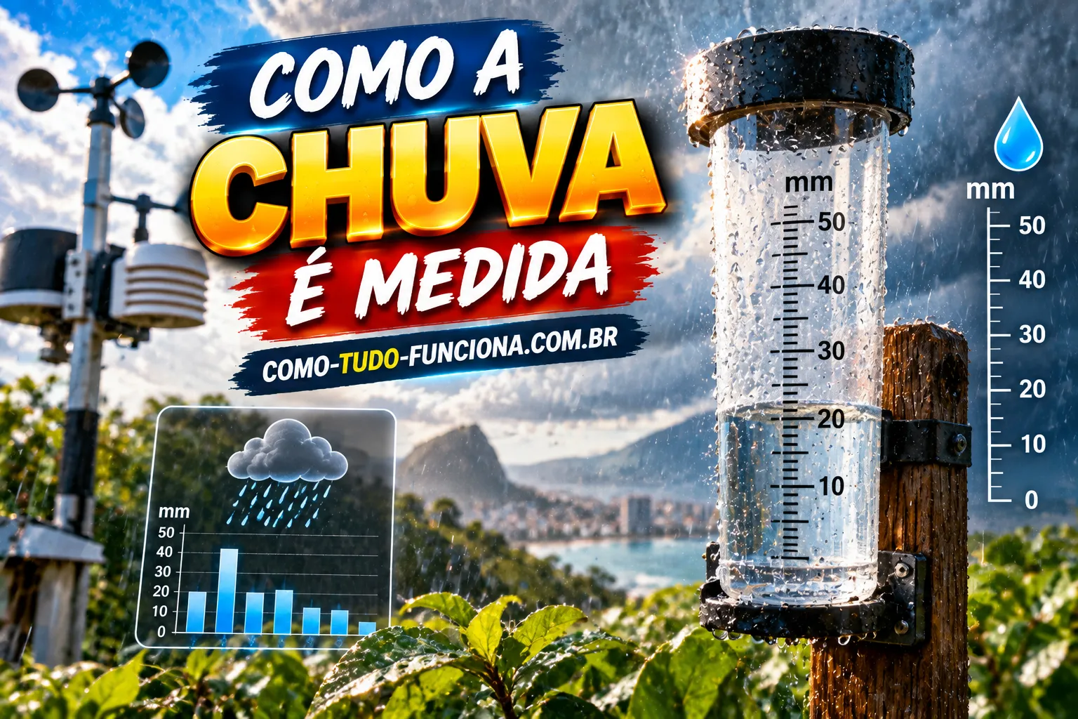 Pluviômetro transparente com escala em milímetros cheio de água de chuva, ao lado de uma estação meteorológica e de um gráfico de barras, com o título Como a chuva é medida
