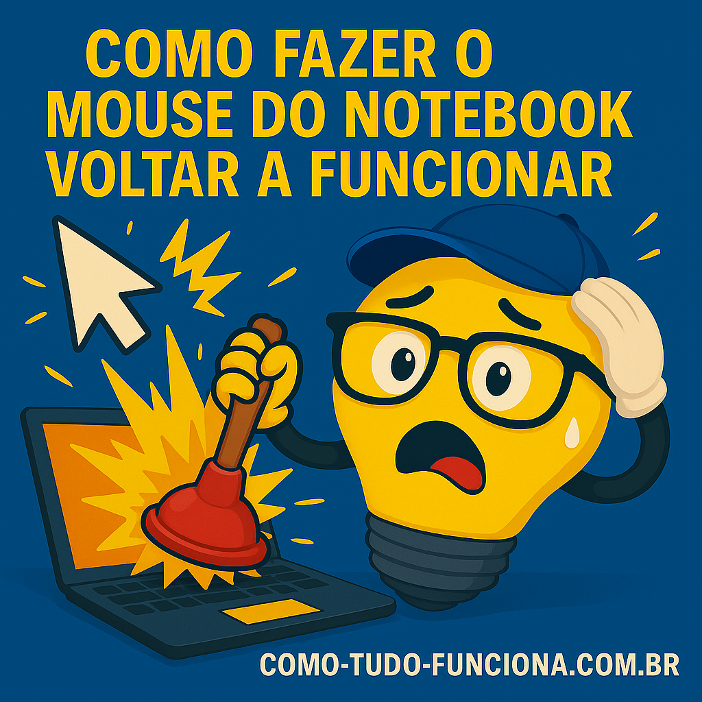 Mascote lâmpada preocupada ao lado de um notebook com o cursor do mouse, com o título Como fazer o mouse do notebook voltar a funcionar