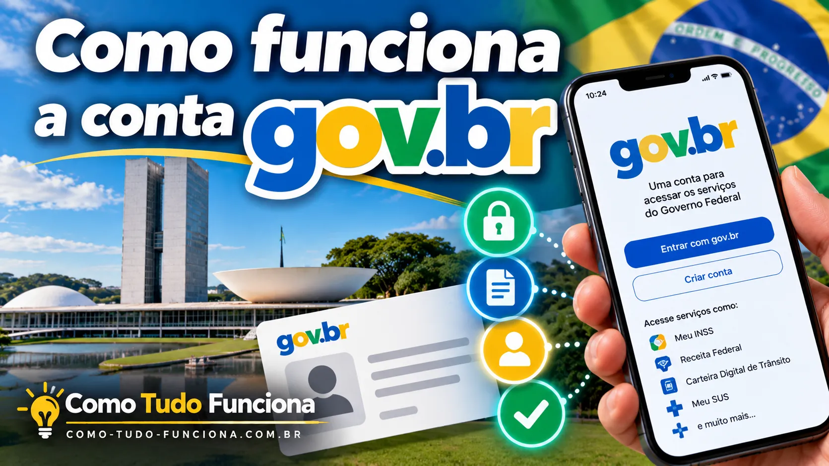 Mão segurando um celular com a tela de entrada do gov.br e serviços como Meu INSS e Receita Federal, ao lado do Congresso Nacional em Brasília, com o título Como funciona a conta gov.br?