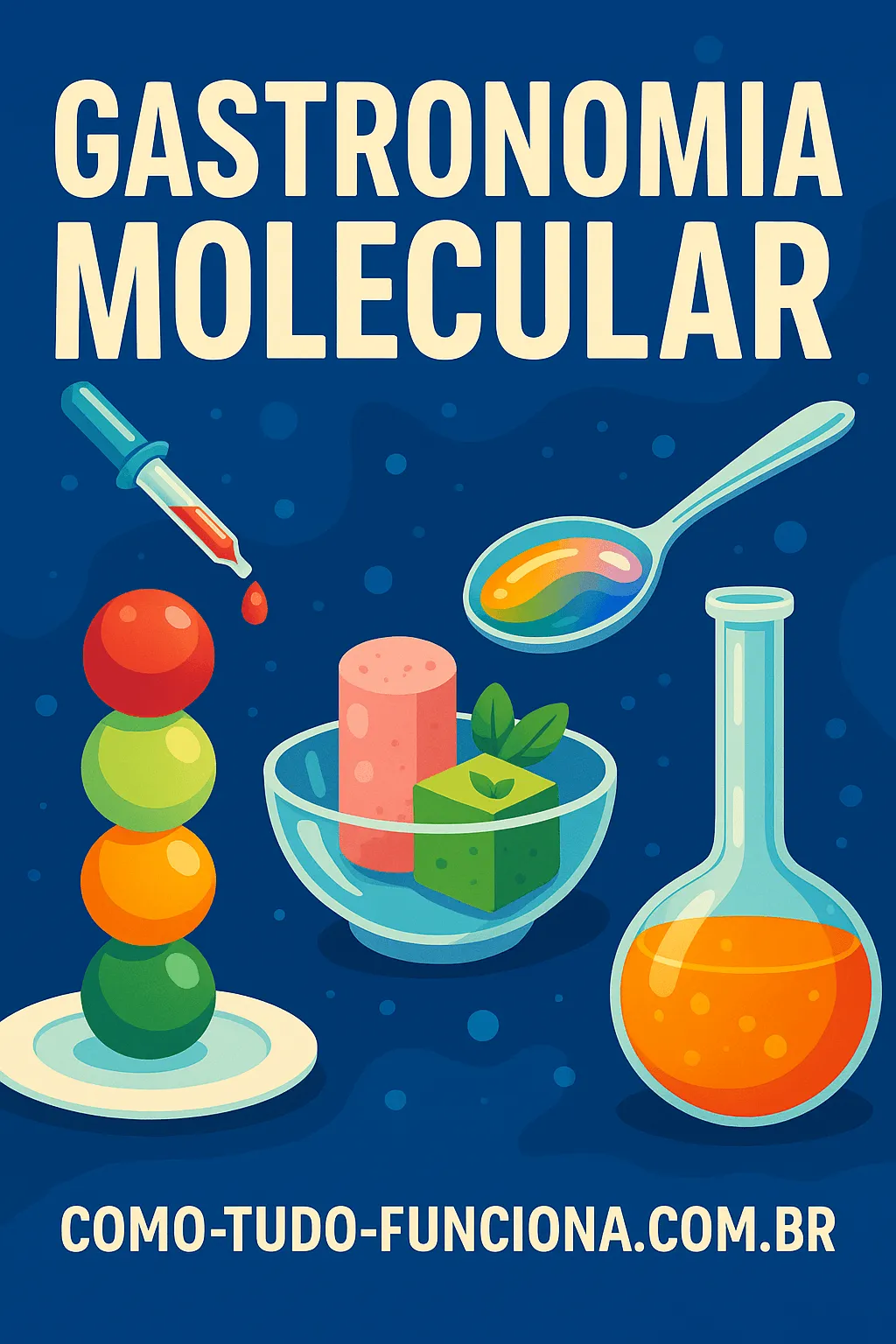 Ilustração de tubos de ensaio, uma colher com esferas coloridas e um frasco, com o título Gastronomia molecular