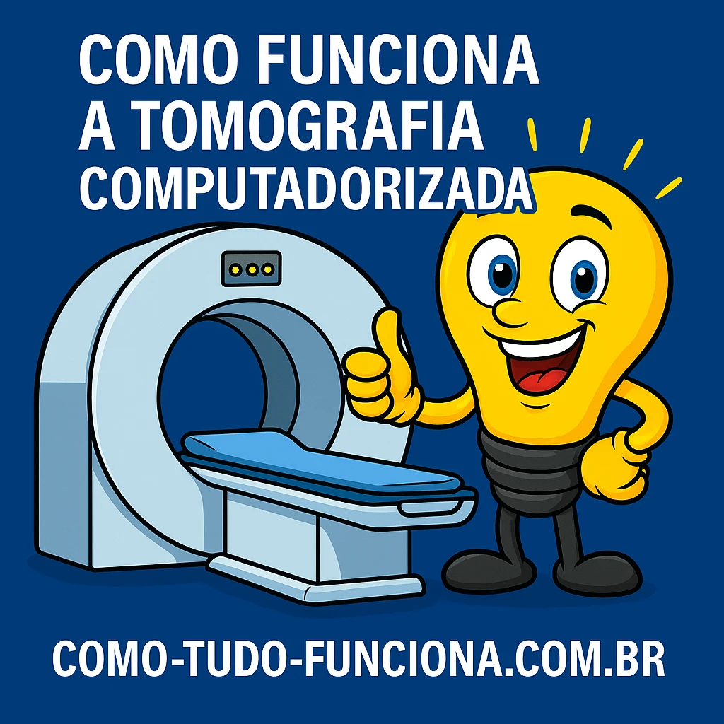 Mascote lâmpada ao lado de um tomógrafo, com o título Como funciona a tomografia computadorizada