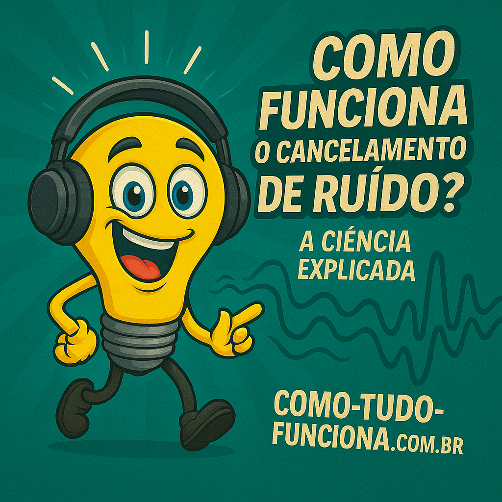 Mascote lâmpada com fones de ouvido, com o título Como funciona o cancelamento de ruído?