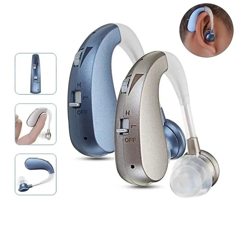 Aparelhos auditivos retroauriculares em cinza e azul