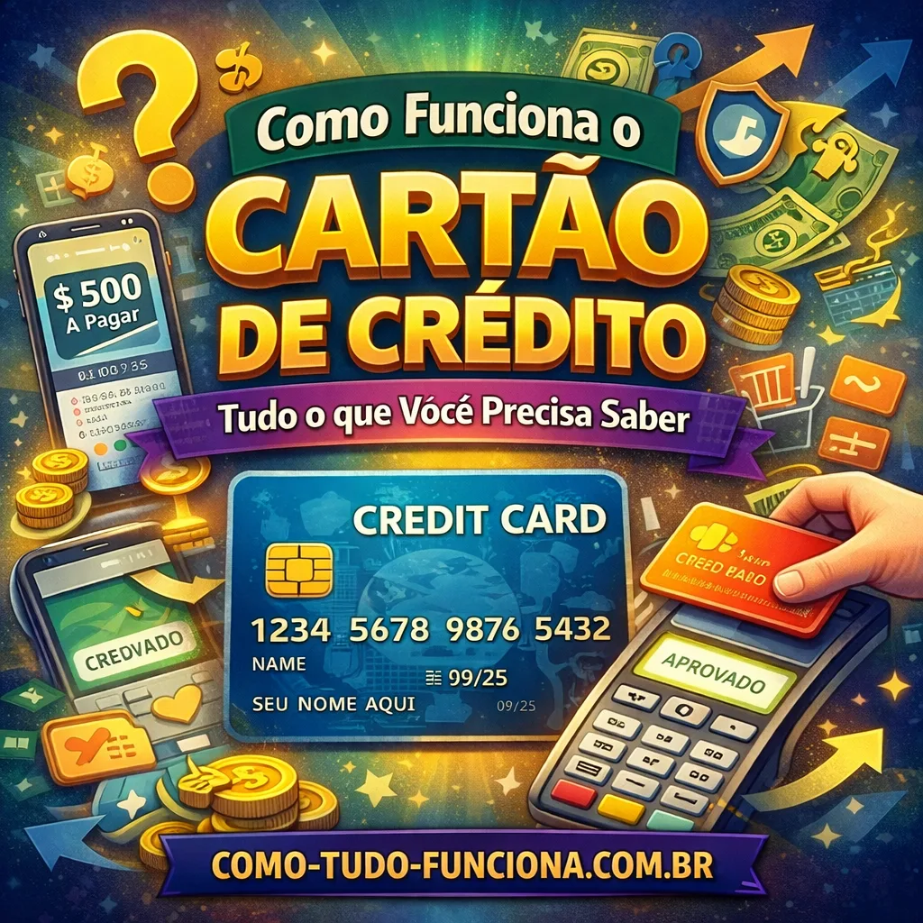 Ilustração com um cartão de crédito, maquininha e moedas, com o título Como funciona o cartão de crédito