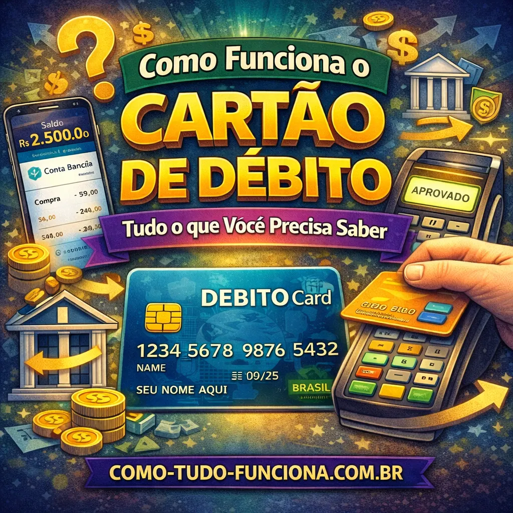 Ilustração com um cartão de débito, maquininha e moedas, com o título Como funciona o cartão de débito