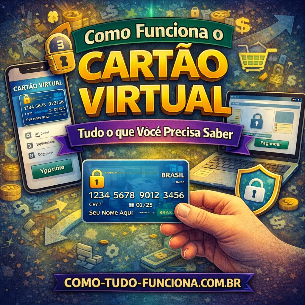 Ilustração com um cartão virtual na tela de um celular, com o título Como funciona o cartão virtual