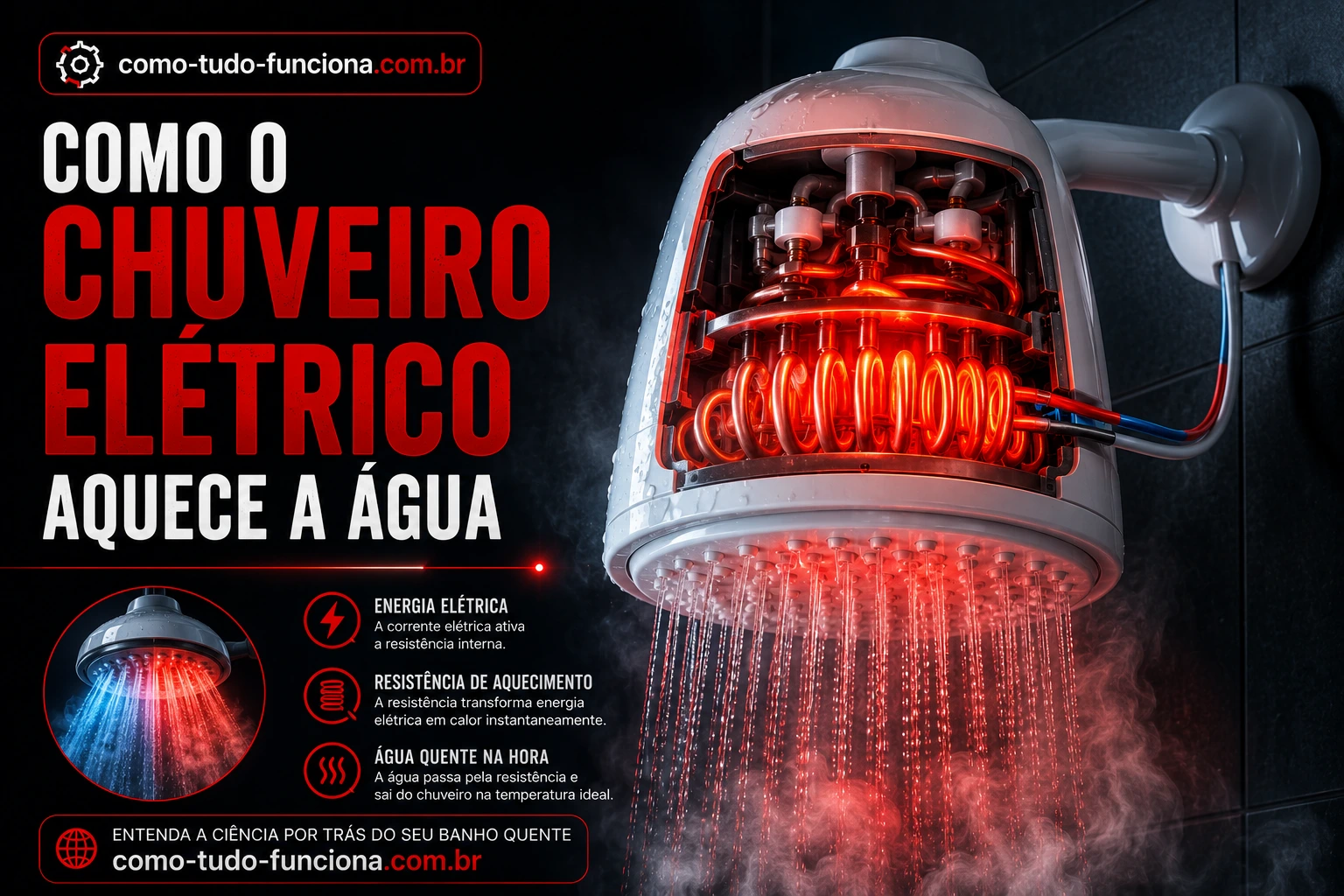 Chuveiro elétrico com a resistência vermelha à mostra, com o título Como o chuveiro elétrico aquece a água
