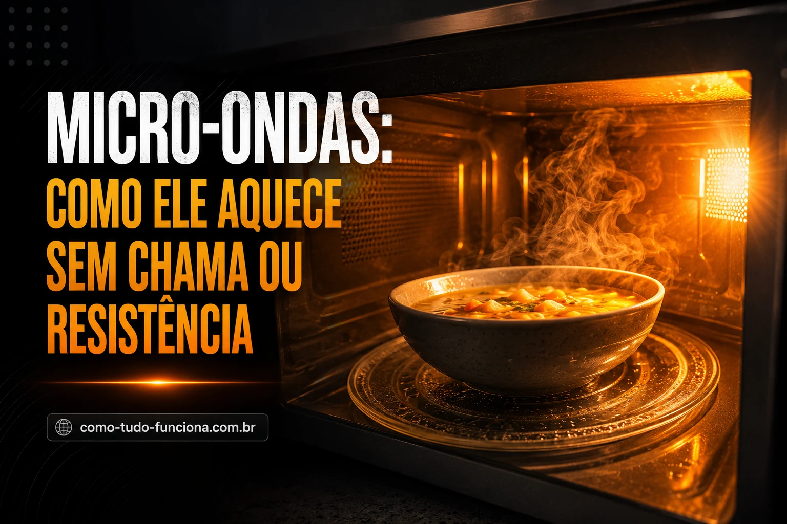Tigela de comida iluminada dentro de um micro-ondas, com o título Micro-ondas: como ele aquece sem chama ou resistência