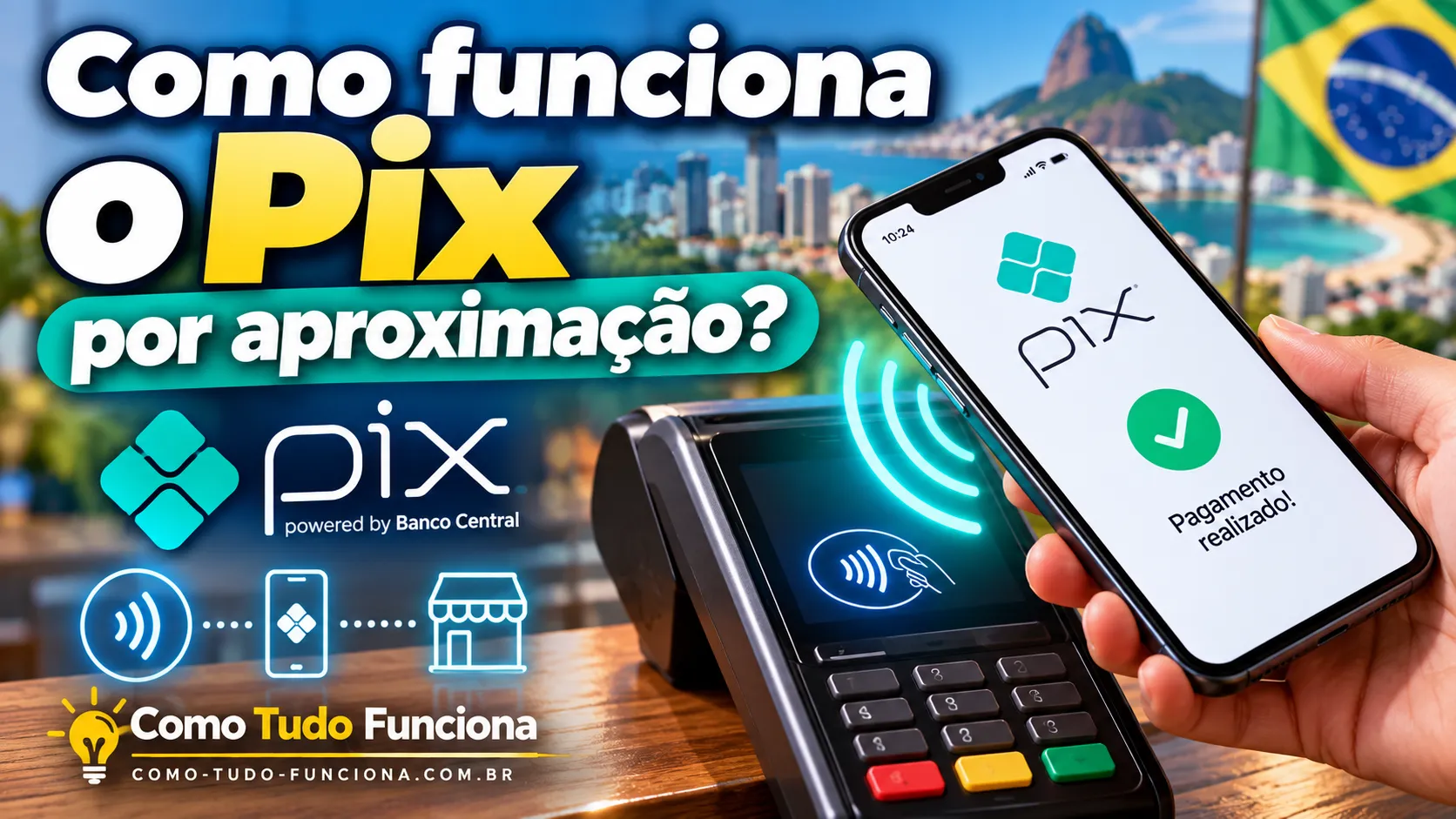 Mão segurando um celular com a tela de pagamento Pix realizado, encostado em uma maquininha de cartão, com o título Como funciona o Pix por aproximação?