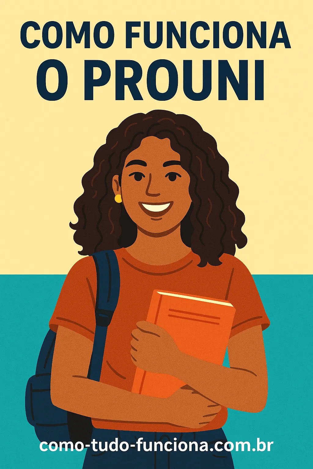 Estudante sorridente segurando livros, com o título Como funciona o Prouni