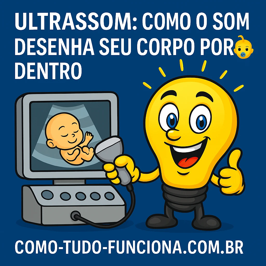 Mascote lâmpada ao lado de um aparelho de ultrassom mostrando um bebê, com o título Ultrassom: como o som desenha seu corpo por dentro