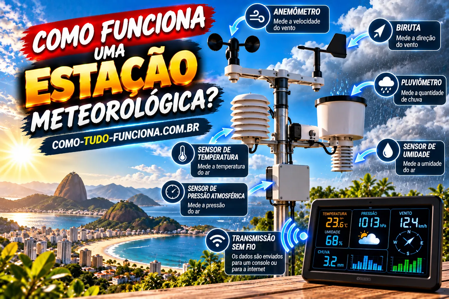 Estação meteorológica com anemômetro, biruta, pluviômetro e sensores de temperatura, umidade e pressão, ligada sem fio a uma tela com os dados, e o título Como funciona uma estação meteorológica