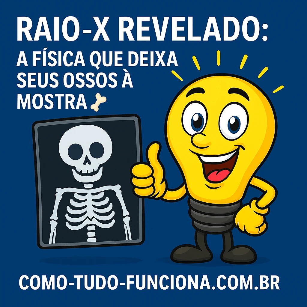 Mascote lâmpada ao lado de um raio-X de esqueleto, com o título Raio-X revelado: a física que deixa seus ossos à mostra