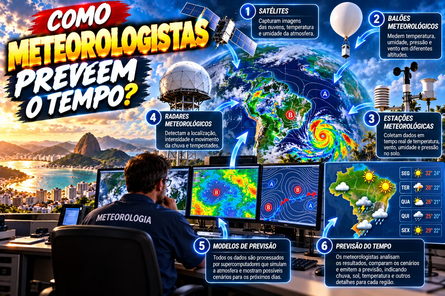 Meteorologista diante de telas com mapas de previsão, cercado por ícones de satélite, balão meteorológico, radar e estações, com o título Como meteorologistas preveem o tempo